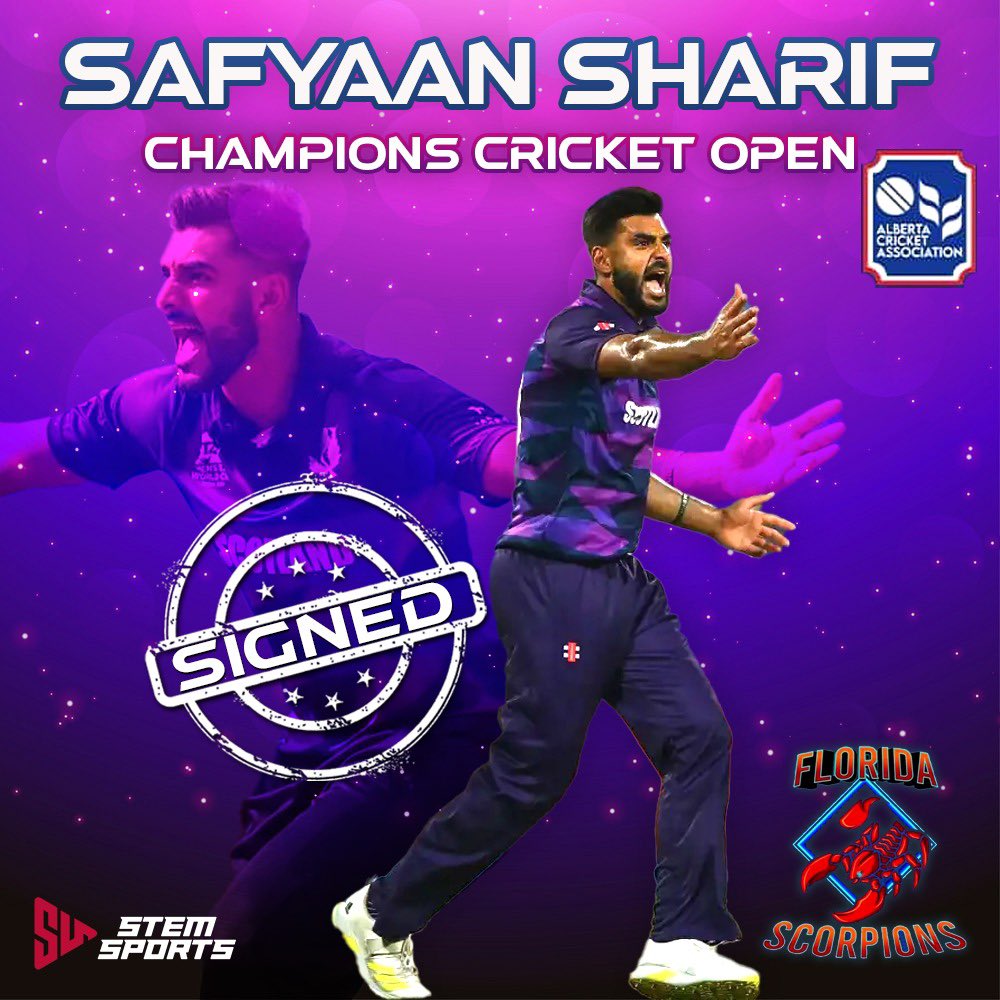 Stemsports1's tweet photo. Deal Announcement - Safyaan Sharif will play for Florida Scorpions in the Champions Cricket Open in Canada!  🤩✈️🇨🇦

#Cricket #Canada #CCCup #FloridaScorpions #Scotland #Allrounder #KL22 #OneTeamOneDream #StemSports https://t.co/k0Ql6Mozb3
