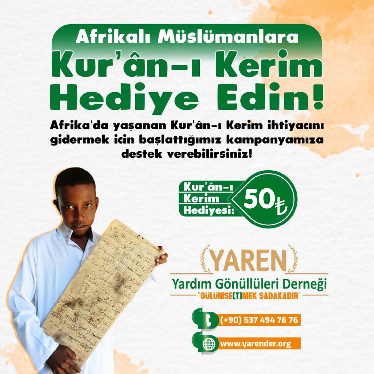 Kısmet olursa Ekim ayında Kur’an-ı Kerim dağıtım organizasyonu için Afrikaya gidiyoruz.  Yardım ve desteklerinizi bekliyoruz.
1 Adet Kur’an- Kerim Hediyesi: 50₺
GÜLÜMSE(T)MEK SADAKADIR 😊