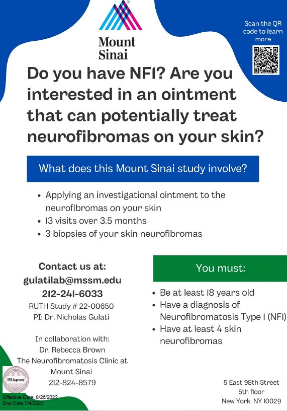 NYCNFDoc's tweet photo. I am incredibly excited to announce the opening of a Phase 1 clinical trial testing a topical immunotherapy for adult cutaneous neurofibromas in NF1. @TheMountSinaiHospital in New York City. The NF Clinic at Mount Sinai.

https://t.co/NZiaWIemAL https://t.co/j0vPyPwV8z