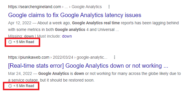 rustybrick's tweet photo. Google testing "quick read" and "< 5 min read" labels in the search results https://t.co/078JZ5ZbHK via @lilyraynyc and @ozaemotion https://t.co/HCOBUIjANd