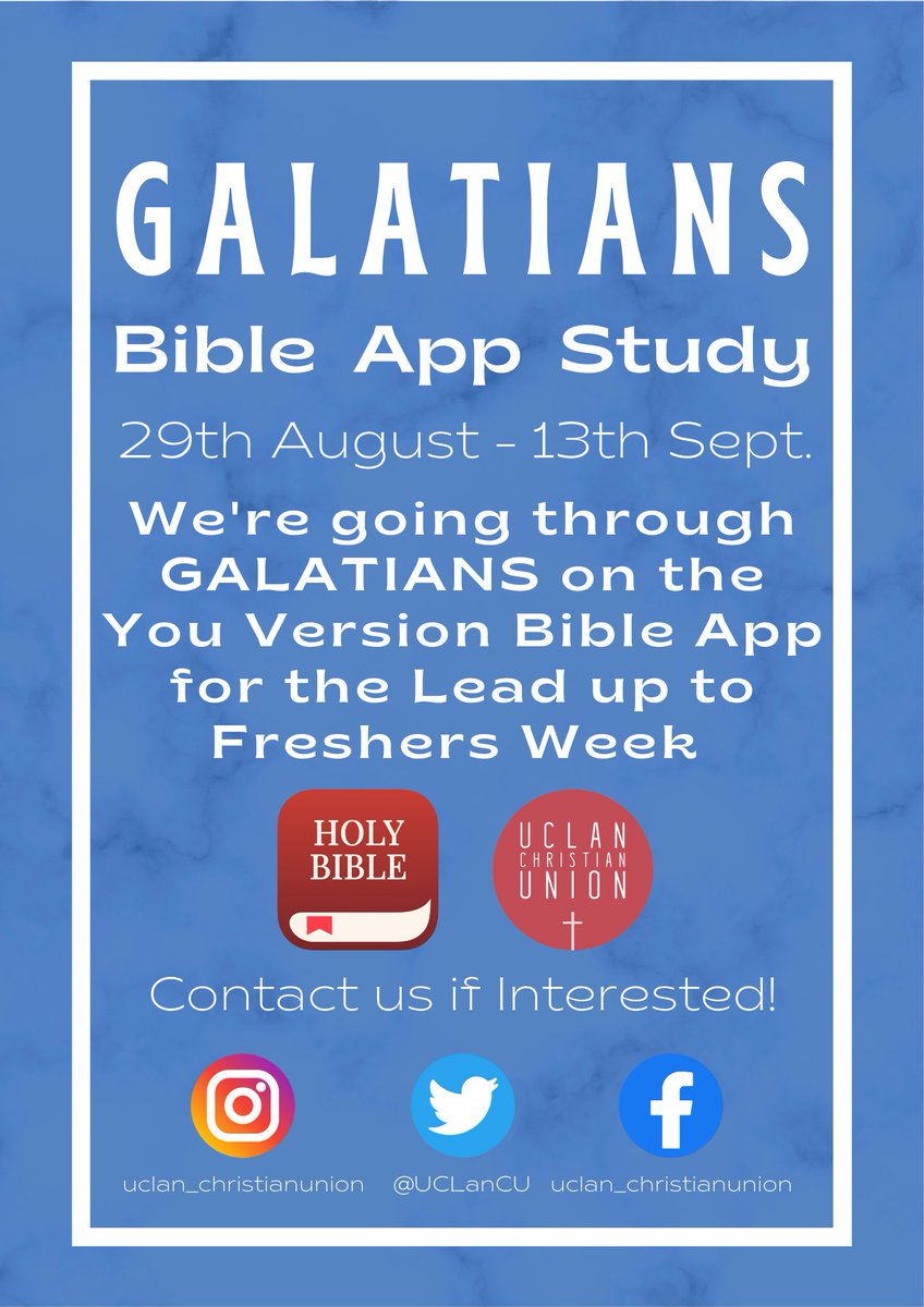 If you are a UCLan fresher/student join us for an exciting 16-day Galatians Bible study on the free YouVersion Bible app! 📖

Listen/read the bible with us and DM if you want to join!
We can't wait to hear your thoughts😊
#freshers  #bible #uclanfreshers #christianunion