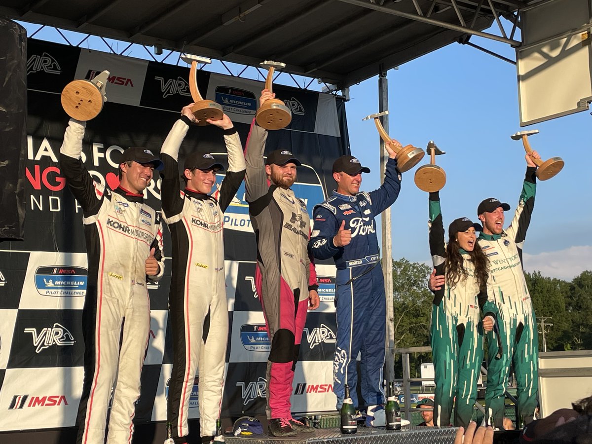 FordRacing's tweet photo. What a race at @VIRNow! #FordMustang GT4s 🧹 the podium with @pf_racing picking up their 2nd win of the season and @JoeyHandRacing returning to @IMSA Victory Lane alongside @jpesek61!

@KohR_MS's @BillyJRacing was on Joey's bumper for 🥈 w/ @KyleMarcelli &amp; Sheena Monk 🥉 https://t.co/wYEp9eLvQz