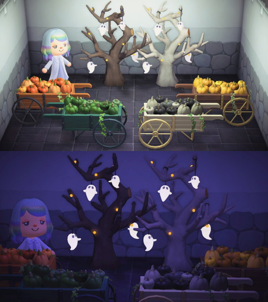 doom_mori's tweet photo. 🎃Pumpkin wagons and 
👻ghost trees for @Shante_86_
The hanging ghosts glow in the dark too. 
#animalcrossing #acnh https://t.co/Uy0zvYVUQU