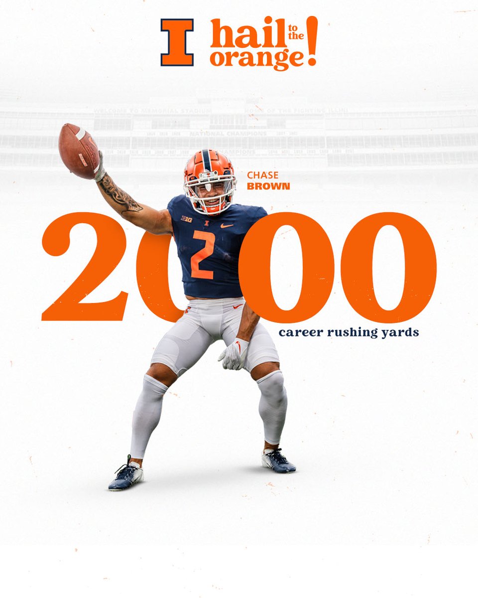 IlliniFootball's tweet photo. 𝗕𝗢𝗢𝗠.

@chasebrown____ racks up 100 yards in the first half to surpass 2,000 career rushing yards.

#Illini | #HTTO | #famILLy https://t.co/LrBYe2l4Mq