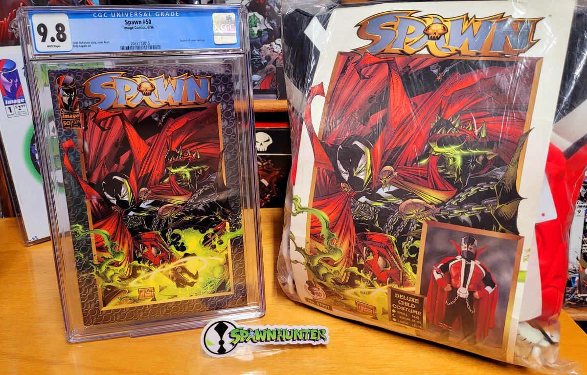 pogoman's tweet photo. The Cover meets The Costume! #SpawnHunter Style! #Spawn 50 #cgc98 meets a Factory Sealed kids costume complete with mask and chains! Are you ready for #Halloween ? Part of the One &amp; Only #SpawnHunterCollection #imagecomics #toddmcfarlane #costume #spawncomics #spawncollection https://t.co/pGaeODJ1tX