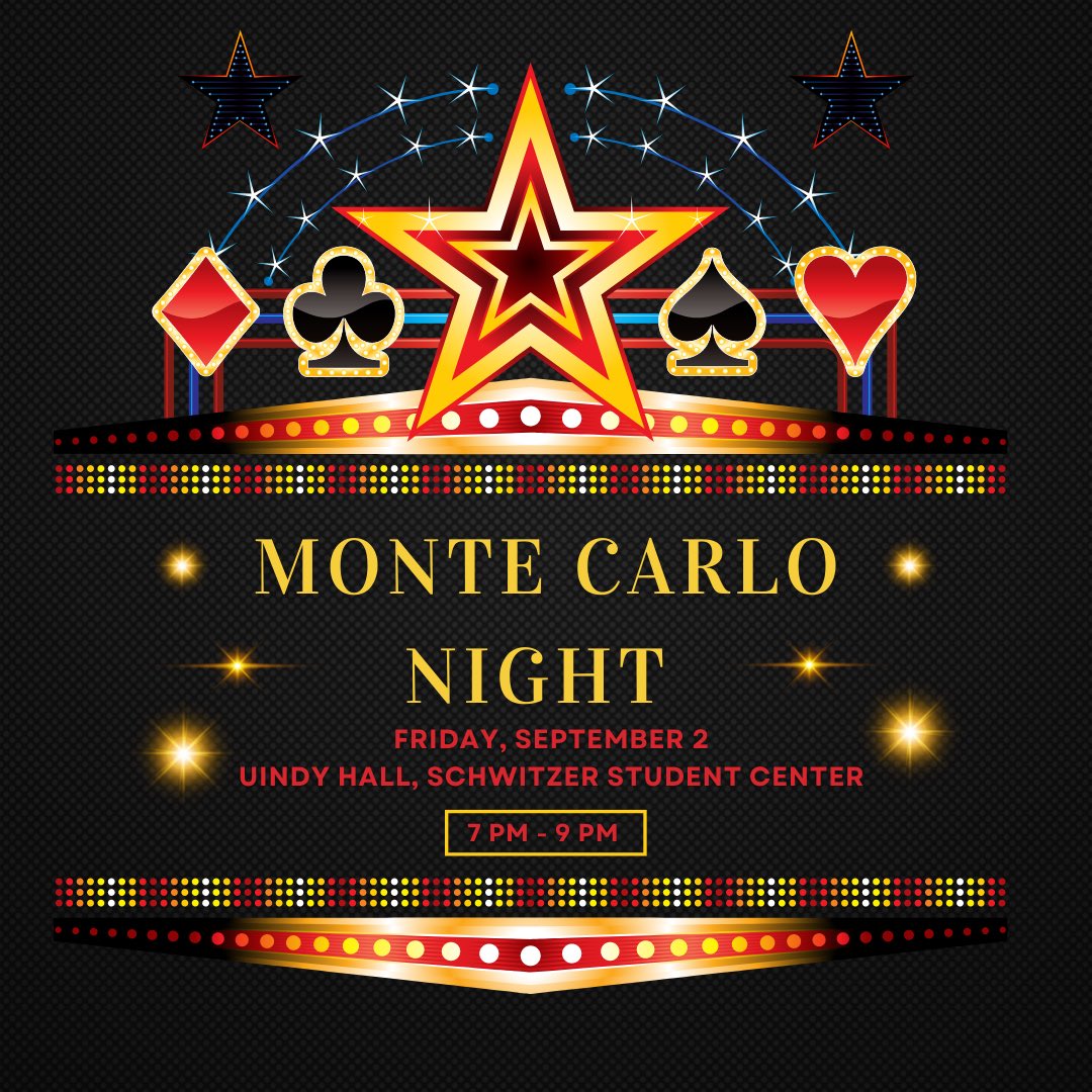 uindyslab's tweet photo. 🎉 Join SLAB on Friday, September 2 in UIndy Hall, to celebrate the first week of classes! 🎉 

Come out and try your luck on Monte Carlo and win some great prizes from 7PM - 9PM! https://t.co/lWinmrXay8