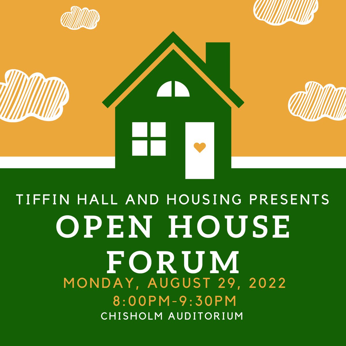 TiffinHallHouse's tweet photo. Please join THHA in Chisholm Auditorium on Monday August 29 for our open house forum. Any and all questions regarding housing and problems within housing are welcome. Please note that if you are interested in joining THHA, we will be having our first meeting before the forum. https://t.co/Y0GXjXfEHg