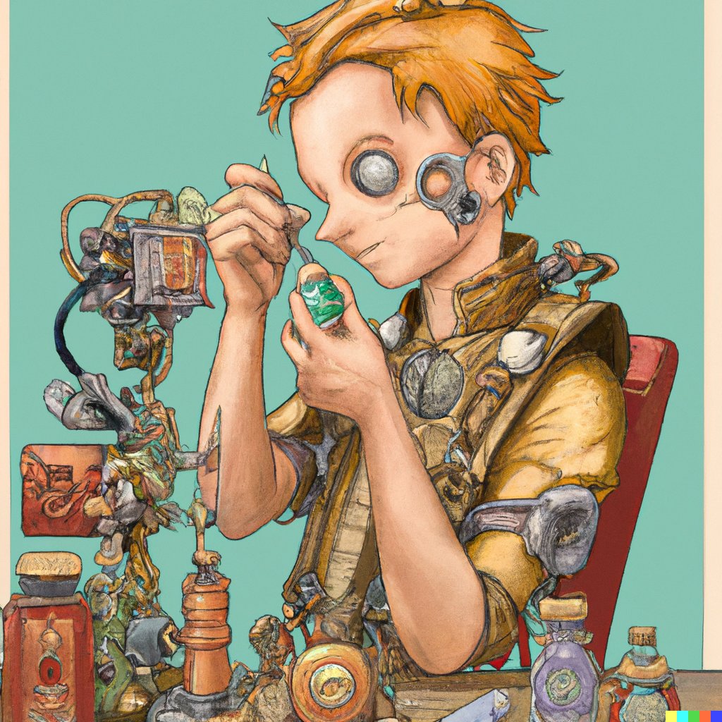 #dnd5e Artificer, tinkering with some trinkets - Created with #dalle 

#digitalartwork #AiArtwork #ArtificialIntelligence #digitalart 

labs.openai.com/s/Rjr2xYX6Pvni…
labs.openai.com/s/zcy7QsXL88fh…
labs.openai.com/s/lZXjCBkmslbE…
labs.openai.com/s/1KfMRlGS9QlH…