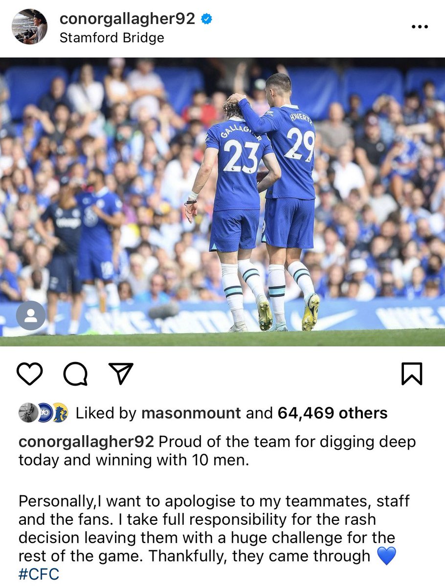 Conor Gallagher apologising for his red card today, I thought before he got his red card he was playing well, brought energy in the team &amp; was winning the ball. Will learn from his mistake but will be better for it.