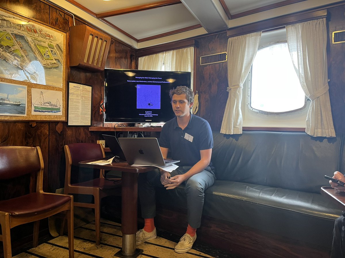 burtonjackhanly's tweet photo. Had a great time presenting my work on architecture and the oil crisis at the @Petrocultures 2022 conference in Stavanger, Norway. 3 days aboard the MS Sandnes hearing fantastic presentations from colleagues across the humanities and social sciences. Skål! https://t.co/ZTbWUQSY0k
