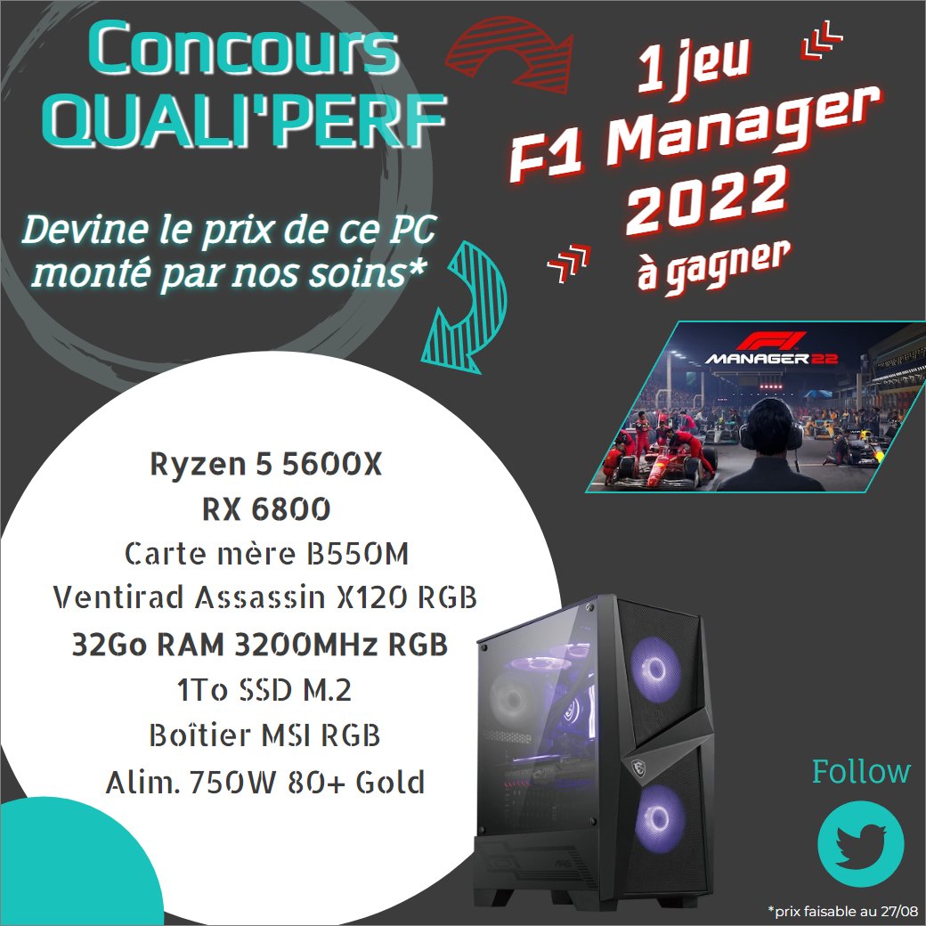 Quali_Perf's tweet photo. 🎁 On vous fait gagner 1 jeu #F1Manager2022 ! 😍

Pour participer au #Concours :
1⃣ Follow @Quali_Perf
2⃣ RT ce tweet
3⃣ Devine le prix du PC ci-dessous en commentaire

Le plus proche remporte le jeu !
Résultats le 04/09
#F1 #GiveAway #TeamOM #twitch #streaming #gaming  #twitchfr https://t.co/yK1LZGMQoL