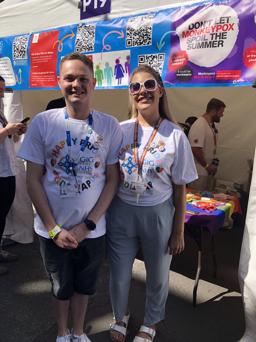 drjanenicholls's tweet photo. Ashleigh &amp; Hywel our nurses from @DOSH_CAV 
with Zoe Couzens &amp; team from @PublicHealthW busy with sexual health promotion at #PrideCymru2022 🌈🏴󠁧󠁢󠁷󠁬󠁳󠁿
Thank you for visiting  @PrifWeinidog 
#UniqueandUnited https://t.co/Q7pXcsGp3X
