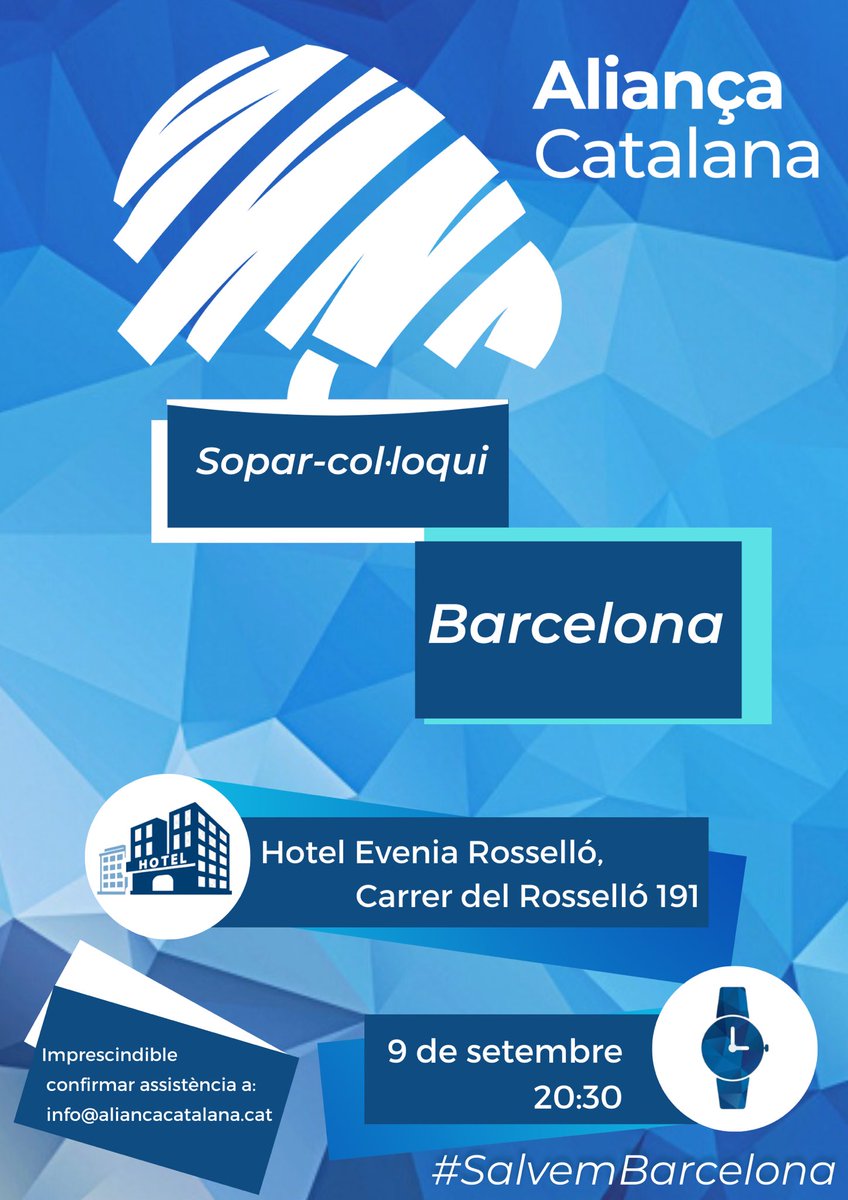 📢 Aliança Catalana de Barcelona (<a href="/Barcelona_AC/">Aliança Catalana - Barcelona</a>) convida a militants i simpatitzants al 1r sopar col·loqui obert al públic.
🗓 Divendres, 9 de setembre
🕣 20:30h
📍 Hotel Evenia Rosselló (c. del Rosselló, 191)
▫️Confirmar assistència a info@aliancacatalana.cat
💙 #SalvemBarcelona