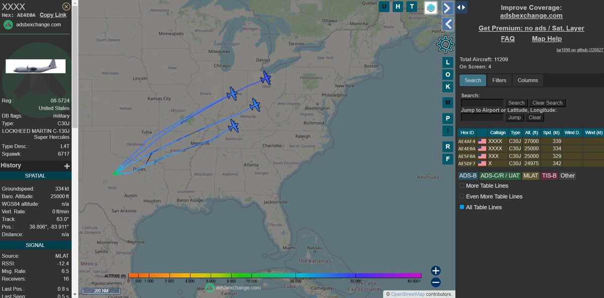 IntelWalrus's tweet photo. Group of four C-130Js out of Dyess AFB took off with XXXX callsigns, destination unknown. #AE4E0A  #AE4AF4 #AE5F0A #AE5DF7 https://t.co/zEq1eGUWdF