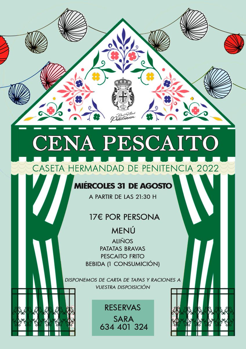RealHPenitencia's tweet photo. FERIA|| CASETA DE LA HERMANDAD 2022💃

CENA DEL PESCAITO

Con la vuelta de nuestra querida feria de septiembre, nuestra hermandad retoma la caseta que con anterioridad llevaban los hermanos costaleros.
El miércoles 31 de agosto celebraremos la tradicional cena del pescaito. https://t.co/GBjytWitA5