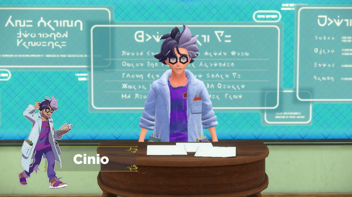 Pokemonlatam's tweet photo. Cinio es tu tutor en la academia. Sabe mucho sobre biología Pokémon y, a veces, se pierde en sus investigaciones. 

❤️💜 #PokemonScarletViolet https://t.co/a19fygBb26