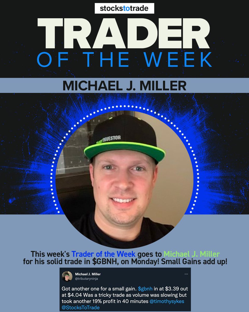 StocksToTrade's tweet photo. This week's #STTTraderOfTheWeek goes to Michael J. Miller (@tributaryninja) for his solid trade in $GBNH, on Monday! 📊

Small Gains add up! 👏

Good job Michael! https://t.co/QgM6lmxr30