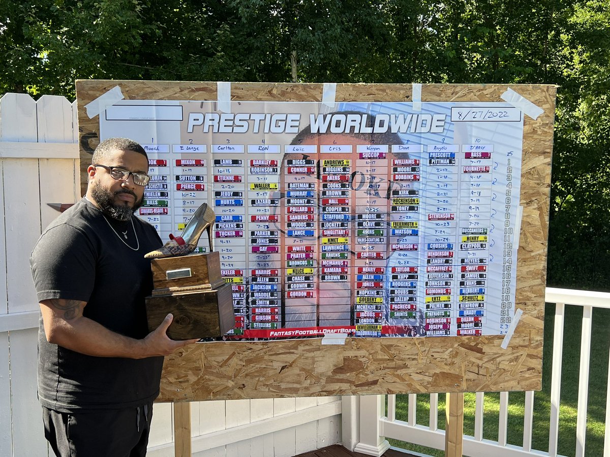 LoicQueguiner's tweet photo. Last place from the previous season gets a disgraceful trophy and his face on the draft board #FantasyFootballDraft #FantasyFootballDraftParty #DraftDay2022 https://t.co/qyQH5J6T1k