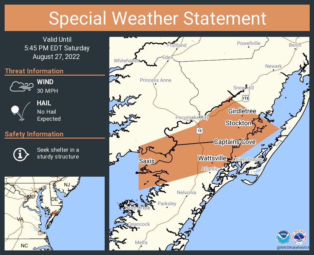 NWSWakefieldVA's tweet photo. A special weather statement has been issued for Wattsville VA, Captains Cove VA and  Horntown VA until 5:45 PM EDT https://t.co/SGfKkXXbcr