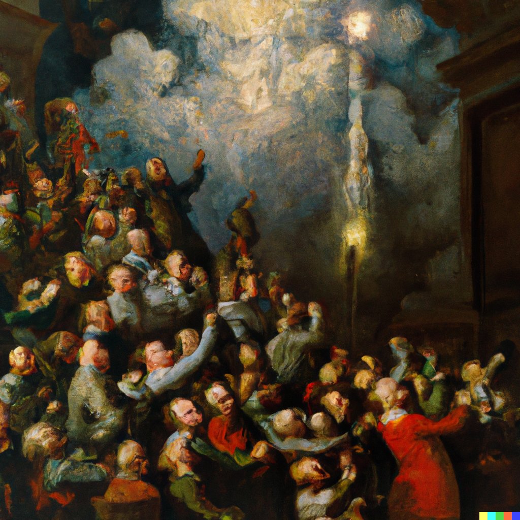Rubikow's tweet photo. Crowd Cheering - Rocket Start - Depicted in oil by #rembrandt - Created with #dalle 

#digitalartwork #aiart #AiArtwork #digitaldrawing #oilpainting #art https://t.co/nvbqchtgjE
