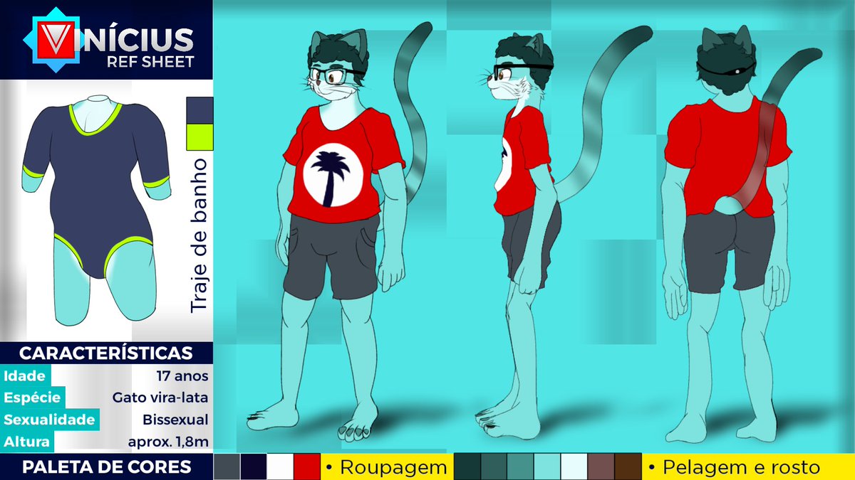 ViniVerissimo05's tweet photo. NOVA REF SHEET DO VERÍSSIMO!
O que mudou agora foi estampa da minha camisa que é parecida com uma que eu tenho na vida real.

❤️ + 🔃 = 🥺🙏

#fursonaart #fursonacat #furrybr #furrycat #furryartist #furryrefsheet #fursonaref #furrybrasil #furrysheet https://t.co/BI5qLv4Y4C