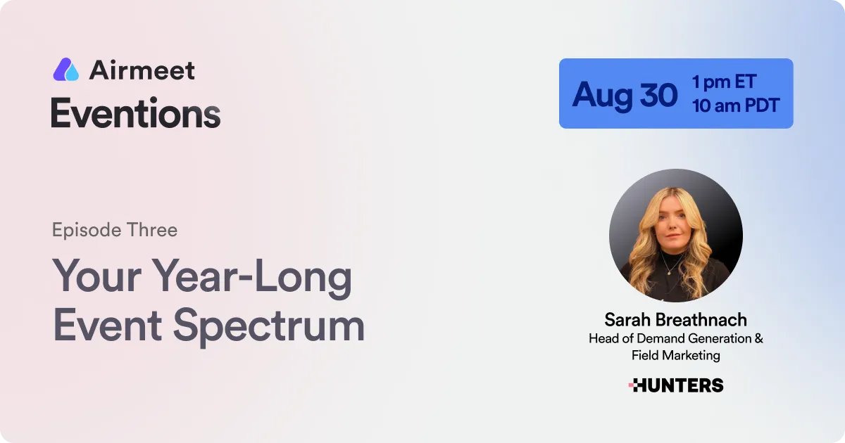 Airmeet's tweet photo. Join @sarahbmkt, Katie, and @MarkKilens on August 30th to learn how to craft an integrated events calendar to delight, educate and inspire the audience all year long π―
Register here - https://t.co/ynbR5LUpk0
#eventledgrowth #eventions https://t.co/VdPdTbaphN