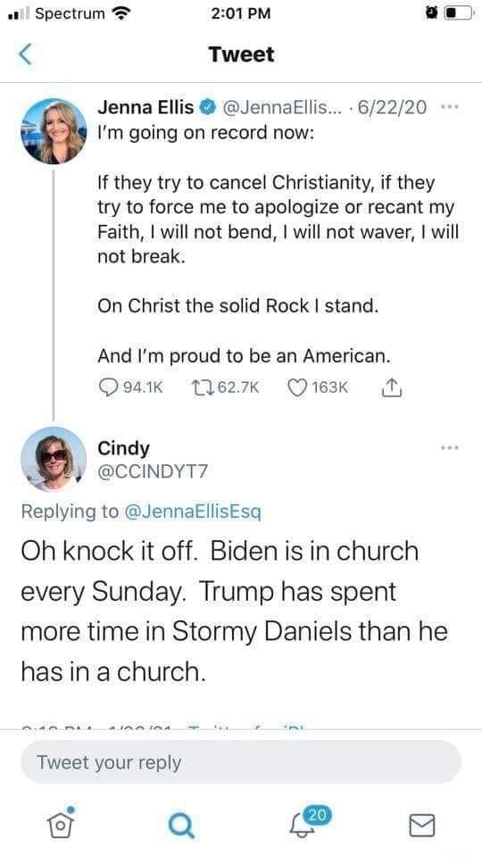 fireman452a's tweet photo. TFG Legal Adviser Jenna Ellis gets a GREAT response to her statement on Church/Religion 😂😂😂😂🤣🤣🤣 https://t.co/sbCghAkg3Q