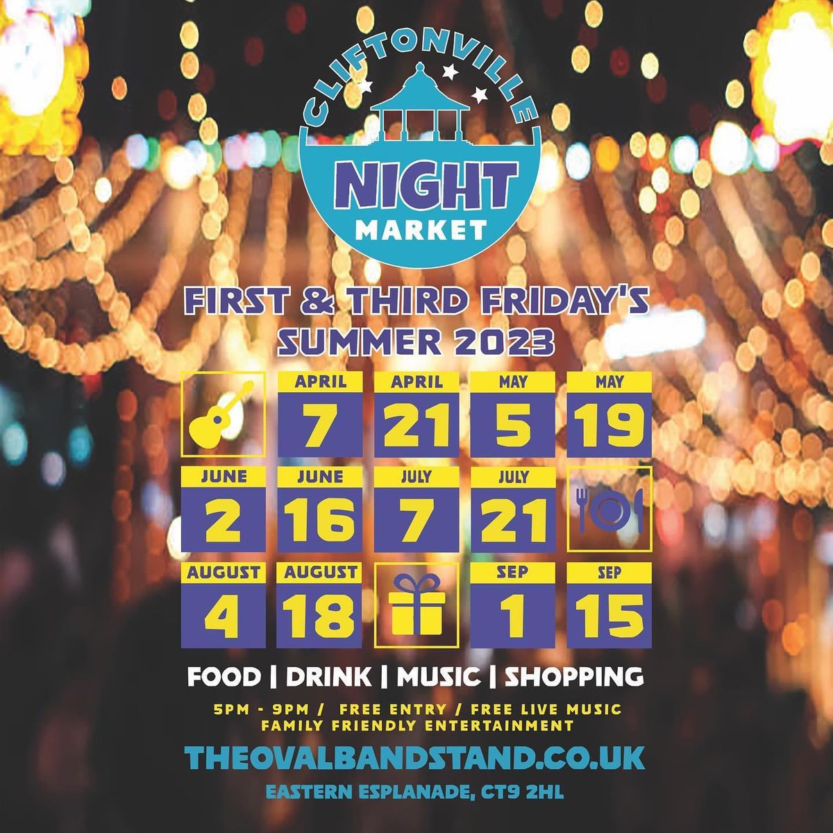 ct9market's tweet photo. Exciting Market announcement 📣 2023 #CliftonvilleNightMarket dates for the calendar 🗓 #FirstFridayMargate #margate #cliftonville #broadstairs #ramsgate #nightmarket #markets #shoplocal #community #nightsouts #thanet #marketbythesea #cocktails #foodie #TheOvalBandstand https://t.co/2kYB1eUxCg
