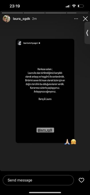 medeniyet farklı birşey 
teşekkürler laura insanlar saygı sevgi çerçevesinde ayrıla biliyormus
ne diyelim bazen doğru insan ama yanlış zaman ve mesafeler.....
#bmyfc <a href="/barismrtyagci/">Barış Murat Yağcı</a>