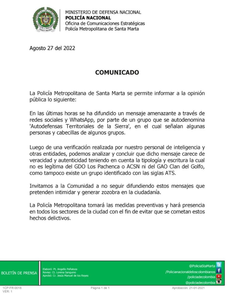 PdhalSN's tweet photo. Respuesta oportuna, veraz y rápida por parte de la @PoliciaStaMarta frente a panfleto falso que circula a Santa Marta. Desde #Pdhal invitamos a no compartir información sin antes ser verificada. https://t.co/JA9XTD5Rmk