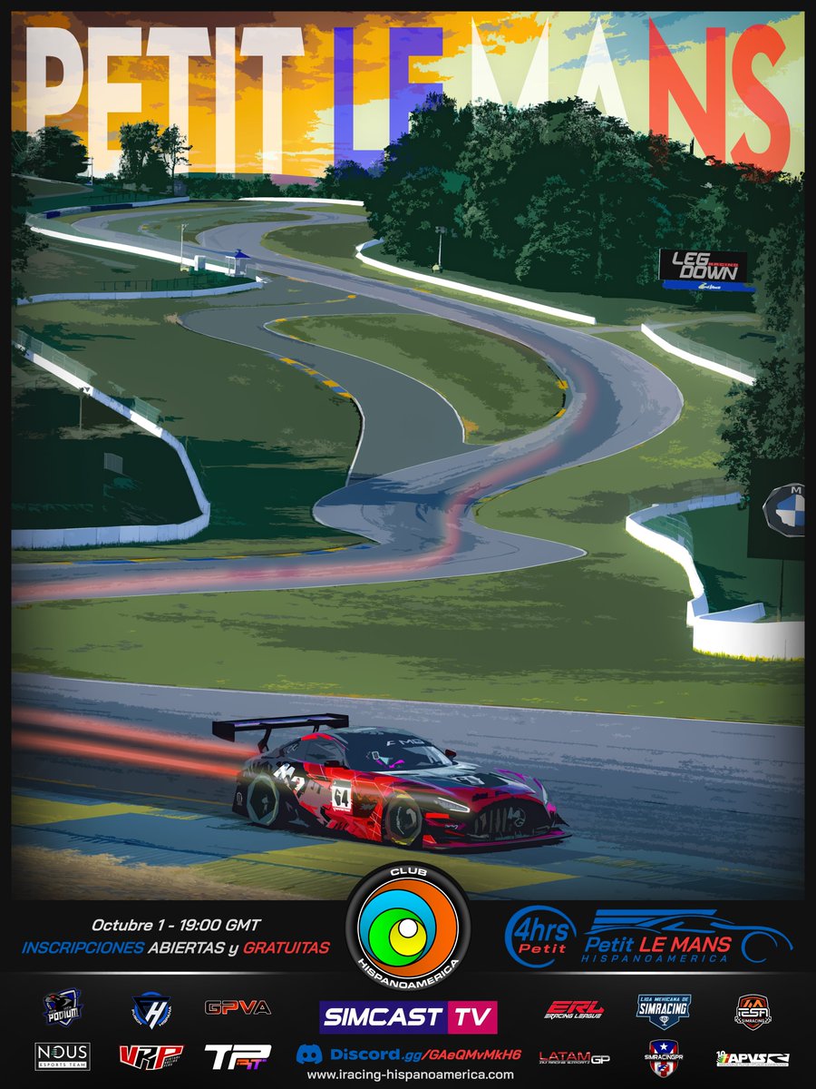 iRacingClubHAM's tweet photo. 📣4hs Petit Le Mans Hispanoamérica 2022
💰Gratuito
📅1 Octubre 19:00GMT
📄Evento en Equipos
🏎️LMP2 GT3 IMSA (PRO/AM)

Inscripciones Abiertas, más información:
📄 https://t.co/eJT5nL8p5A
🎧 https://t.co/AZZ2jDbLp6 https://t.co/RSf8oUZGuv