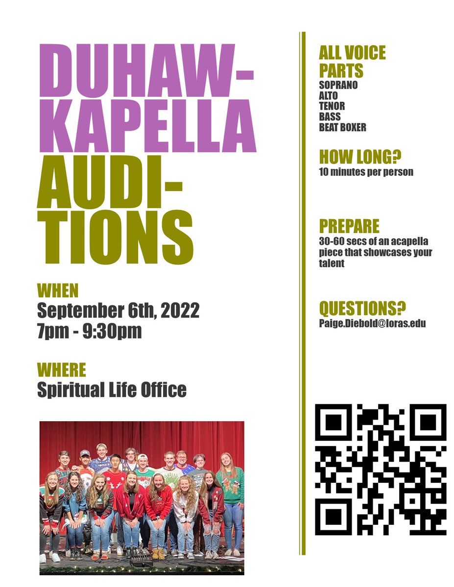 duhawkappella's tweet photo. Calling all Duhawks!!!!! Auditions for the fall semester are September 6th! Sign up for a time slot with the Qr code! https://t.co/Hr2OpiKDS8