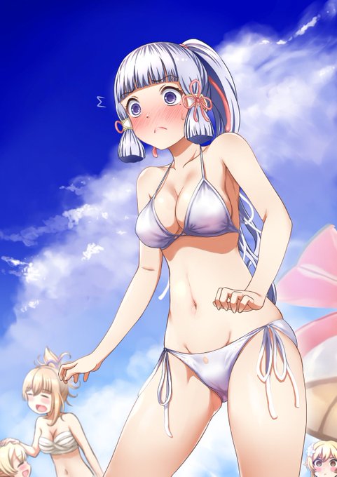 人生初水着。

#原神
#GenshinImpact 
#神里綾華
#蛍綾 