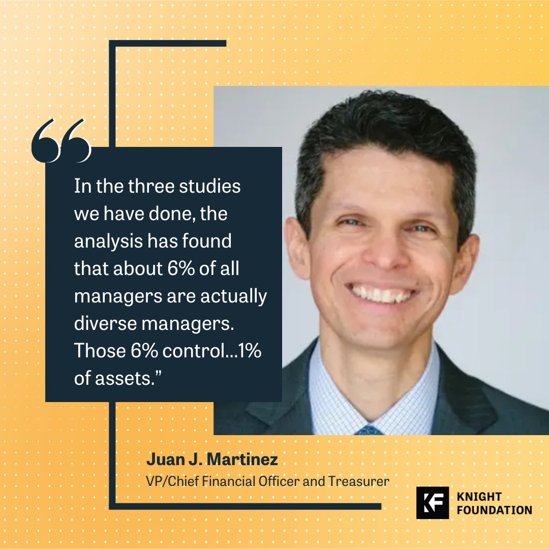 knightfdn's tweet photo. Since 2017, the Knight Diversity of Asset Managers (KDAM) research series has looked at the state of diversity across the asset management industry. Knight's CFO Juan Martinez comments on the latest findings.
Read more ➡️ https://t.co/zTVep885Gh
#KnightResearch #KDAM https://t.co/HdaZHvlPFi