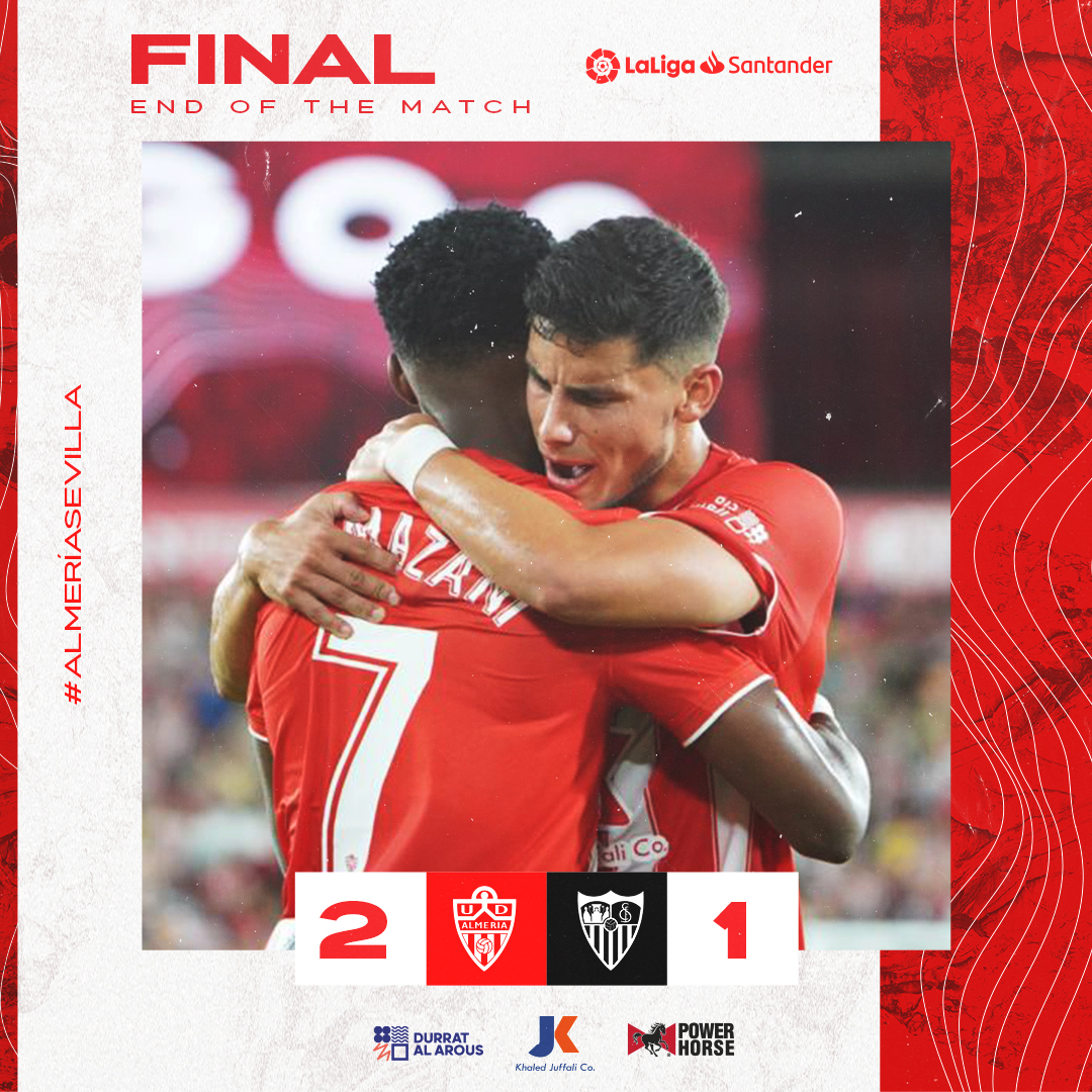 U_D_Almeria's tweet photo. ¡Llegó la primera victoria!
UD Almería 2-1 Sevilla FC
⚽️ Ramazani
⚽️ Sadiq Umar

#VamosAlmería 🔴⚪️ | #AlmeríaSevilla ⚔️ | #UDARadio https://t.co/VJtbo9XHMI