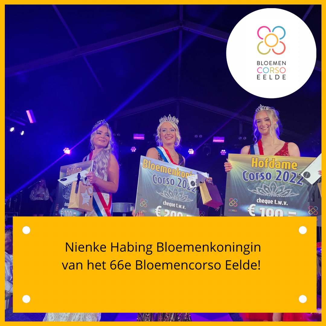 corsoeelde's tweet image. Nienke Habing is de nieuwe Bloemenkoningin! Zij zal het corsoweekend vergezeld worden door haar hofdames Marise Kregel en Anouck Bowedes! 🌸