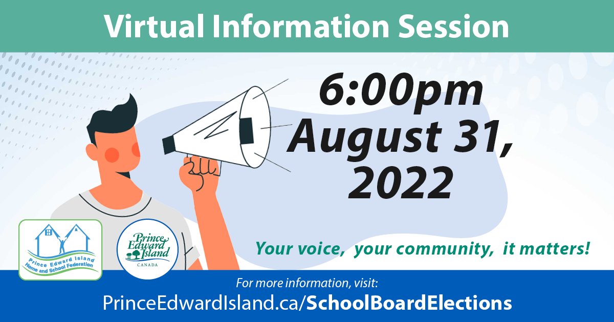 InfoPEI's tweet photo. Considering becoming an elected school board trustee?
Find out more - join the virtual information session hosted by @peihsf 
on August 31 at 6pm
Click on this link to register for the session - https://t.co/7gDhNq2lMV
@PSBPEI @CSLF_IPE @EducationPEI https://t.co/SvyeEjey9I