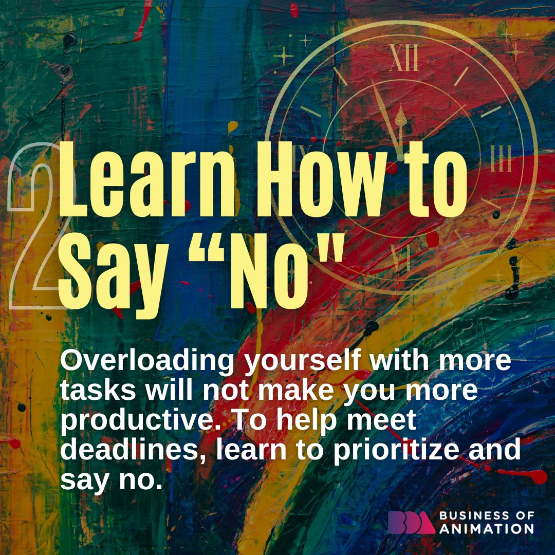 animationbiz's tweet image. By following these time management tips, you can maximize your working hours, maintain an organized work process, and rest with a sense of achievement.
1. Organize your schedule
2. Learn how to say "no"
3. Break down your tasks
4. Take one step at a time

#AnimatorsTimeManagement