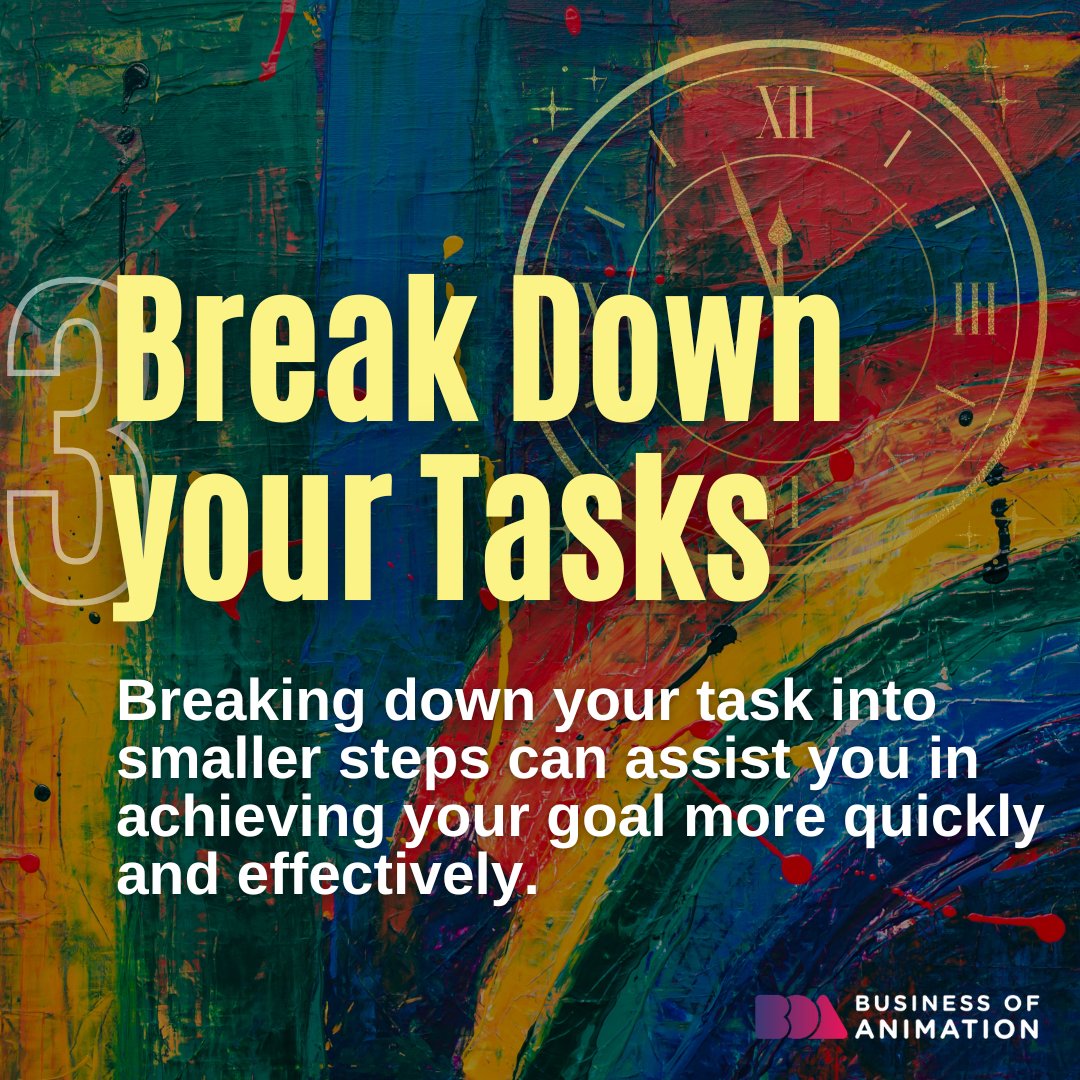 animationbiz's tweet image. By following these time management tips, you can maximize your working hours, maintain an organized work process, and rest with a sense of achievement.
1. Organize your schedule
2. Learn how to say "no"
3. Break down your tasks
4. Take one step at a time

#AnimatorsTimeManagement
