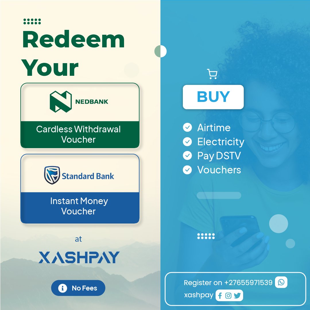 XashPay's tweet photo. Redeem your Standard Bank Instant Money and Nedbank Cardless Withdrawal Vouchers at Xash @ Zero cost, and Buy Airtime, Data, Electricity, Dstv payments, Gaming vouchers and more!
Simply send Hi on Whatsapp to +27655971539 to get started π
#xashpay #xash #Nedbank #StandardBank https://t.co/Ct1DPhSxkr