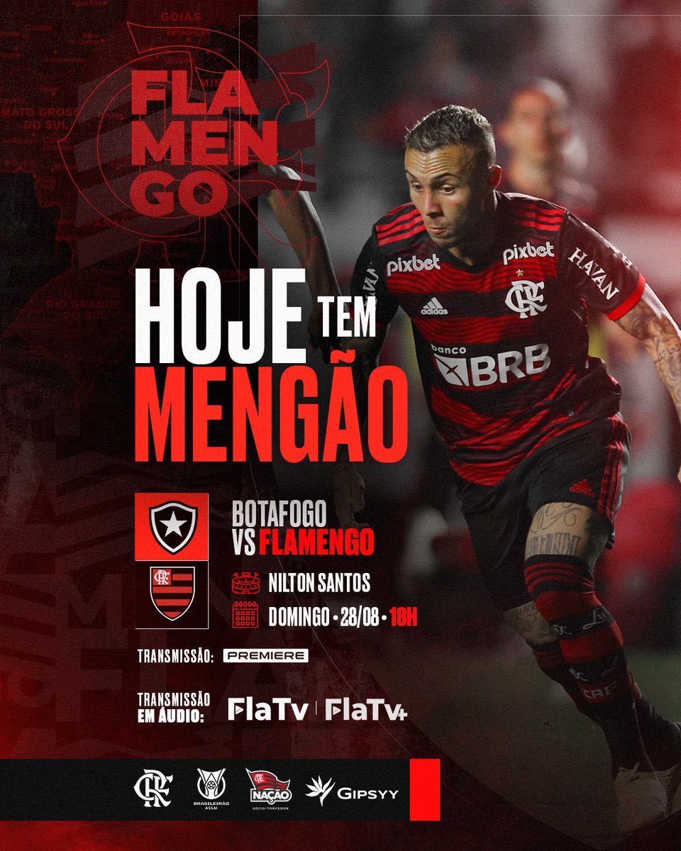 Flamengo's tweet photo. HOJE TEM MENGÃO NO BRASILEIRÃO! 

Às 18h, o Mais Querido enfrenta o Botafogo, no Estádio Nilton Santos! Vamos com tudo em busca dos três pontos! 

#BOTxFLA #VamosFlamengo https://t.co/X1quHScAum