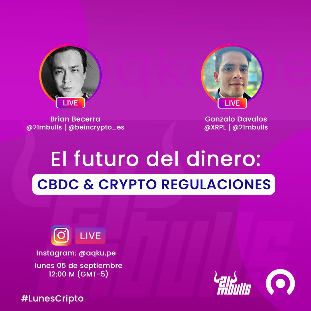 aqku_pe's tweet photo. #LunesCripto ¿Quieres entender mejor el futuro del dinero? No puedes perderte este evento virtual donde entrevistaremos a nuestros invitados especiales @awstian y @gonzalodavalosv de @21MBulls

✅Siguenos para participar: https://t.co/jOkAoANdsd

#Blockchain #CBDC #peru #Aqku https://t.co/N0IqCtf3bA