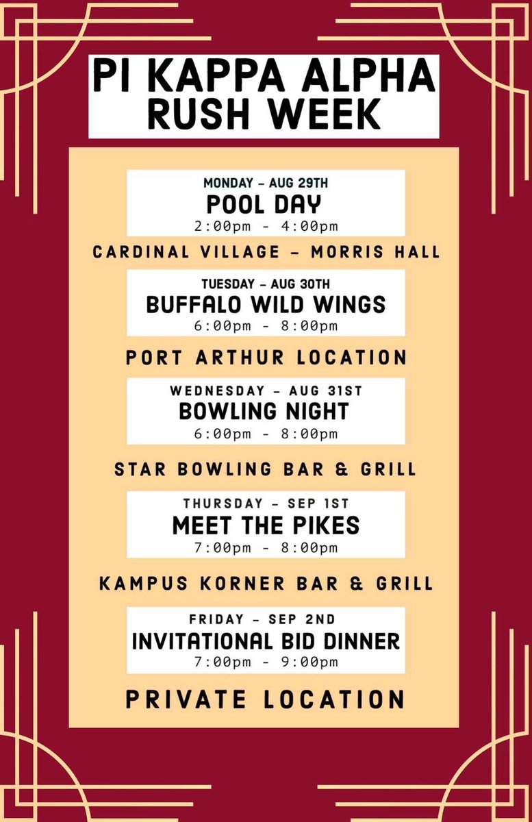Interested in rushing? Come out to Pi Kappa Alpha’s Rush Week, where you can enjoy the fun events and see what Pike is all about. We’re excited to see everyone there! #RushPike #φφκαforever