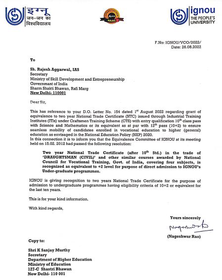 VC's Letter for recognition of NTC for IGNOU Under-graduate Programmes