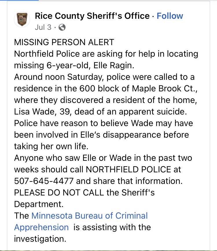 🛑MISSING🛑 ELLE RAGIN missing 6-year-old Anyone who saw Elle or Wade in the past two weeks should call NORTHFIELD POLICE at 507-645-4477 and share that information. PLEASE DO NOT CALL the Sheriff's Department #mmiw #mmiwusa #mmiwg #NativeTwitter #Minnesota