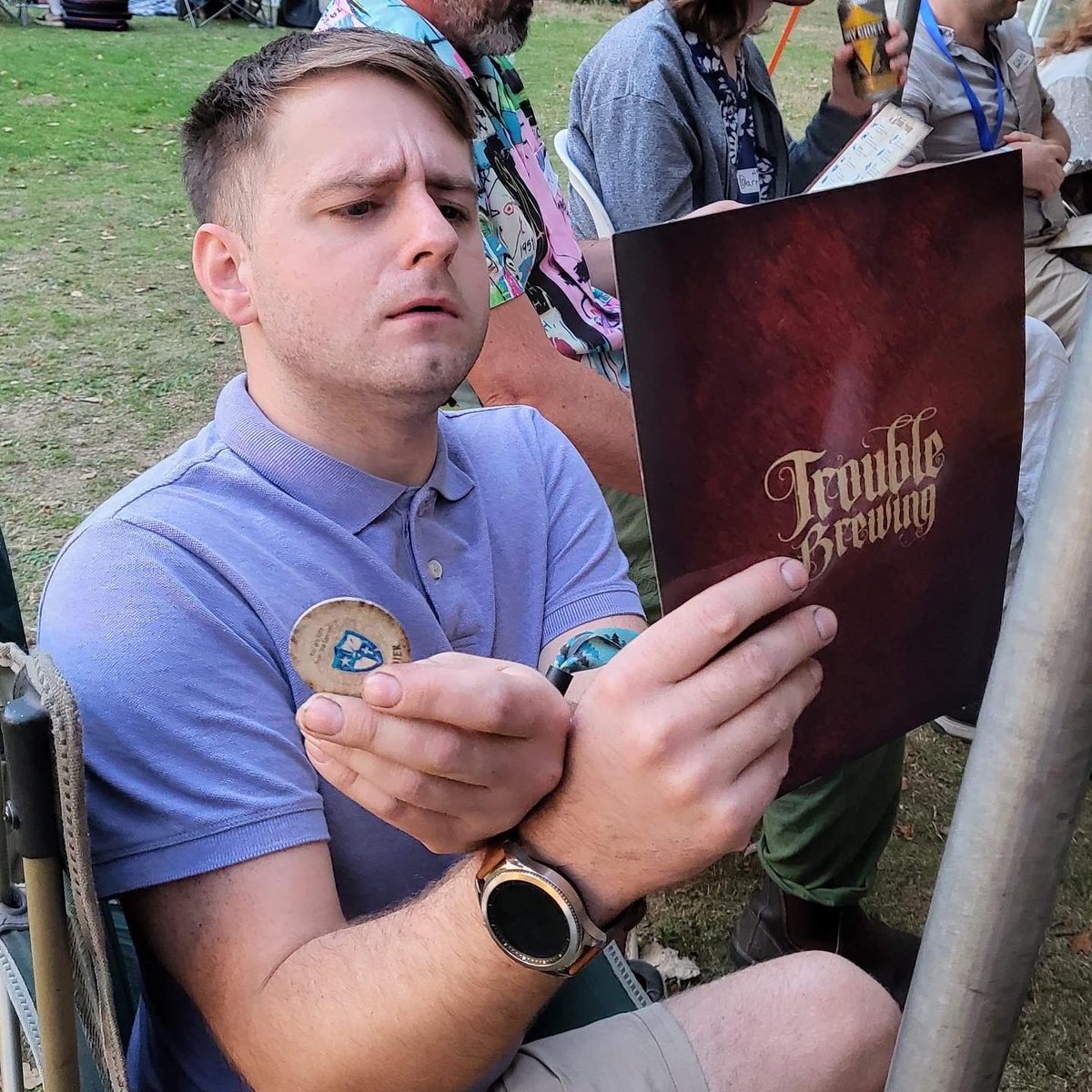 BloodClocktower's tweet photo. Clocktower: Camping style 😈

More of Daddy Ben out and about, this time out in the great outdoors at the Strange Games Festival happening this long weekend in Sussex 🇬🇧

#boardgameweekend
#boardgamelife
#murdermystery done differently 
#bloodontheclocktower 

💜 Andy

❤️🩸🕰 https://t.co/jzbx41go5s