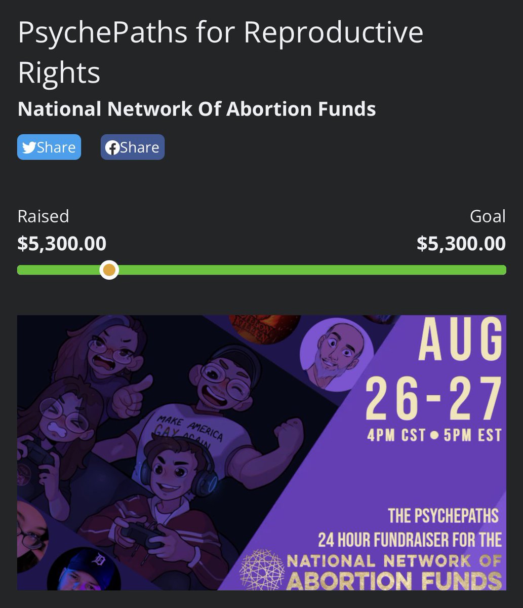 PsychePaths's tweet photo. Our fundraiser for the NNAF @AbortionFunds has officially ended. Our streamers raised $5,300 in 24 hours when our original goal was $1,000!!!!

Thank you so much to our streamers, community members, and the NNAF for providing safe reproductive care in the United States ❤️❤️❤️ https://t.co/CES8gtJyUC