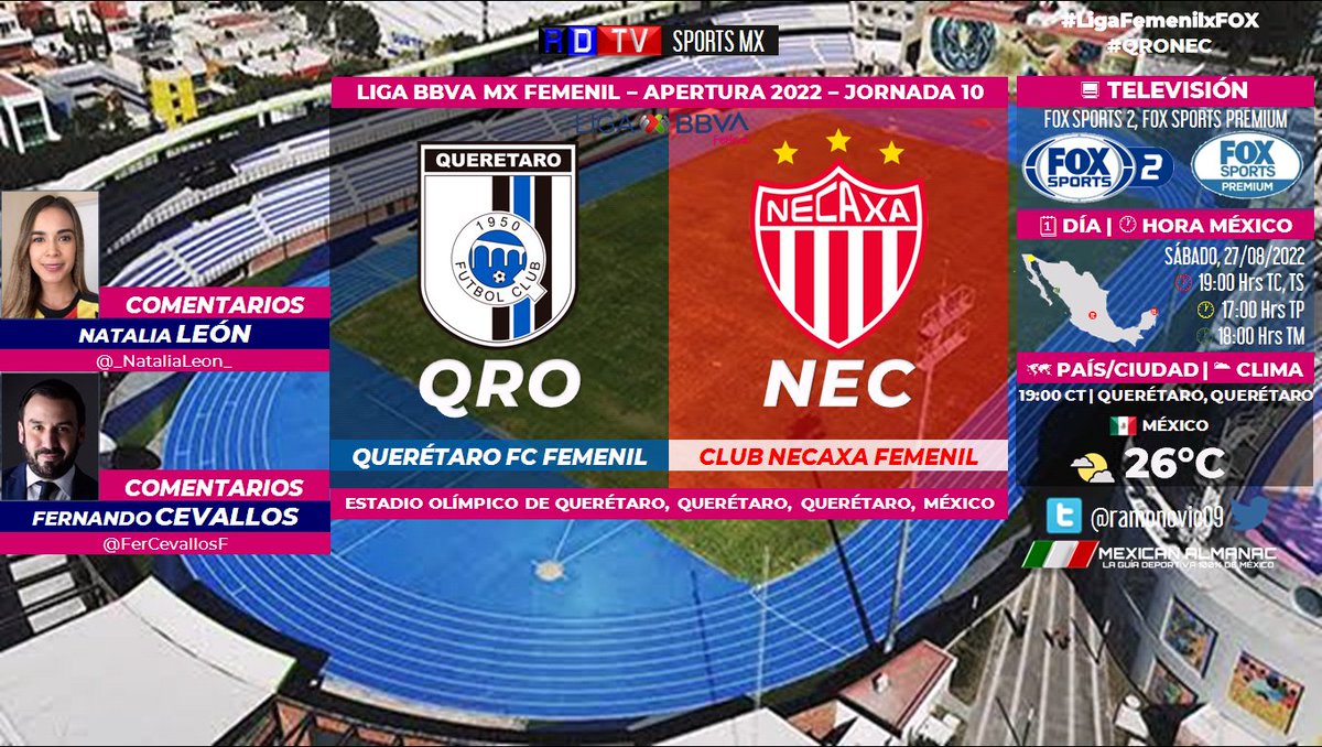 ramonovic09's tweet photo. 🇲🇽 #LigaBBVAFemenilMX #A22 #Jornada10 | @GallosFemenil 🆚 @NecaxaFemenil
#Querétaro #Necaxa
🗓️ Hoy
🇲🇽 ⏰ 19:00 Hrs TC, 17:00 Hrs TP
📺 @FOXSportsMX 2/#FSPremiumMX
📱💻 @PrimeVideoMX
🎤
🎤📝 @_NataliaLeon_
🎤📝 @FerCevallosF
#LigaFemenilxFOX #QRONEC https://t.co/JulfV4TTDV
