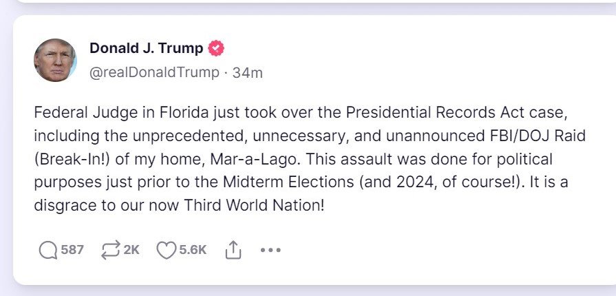 Major court win for President Trump. There was no good faith basis for the Biden gang to raid his home -- it was a wild abuse of the use of force.