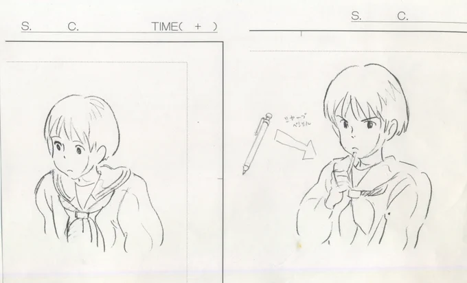 修正原画を使った設定参考です、最後の絵は僕のシーンのレイアウト時の修正参考です、近藤さんの絵ですね 
